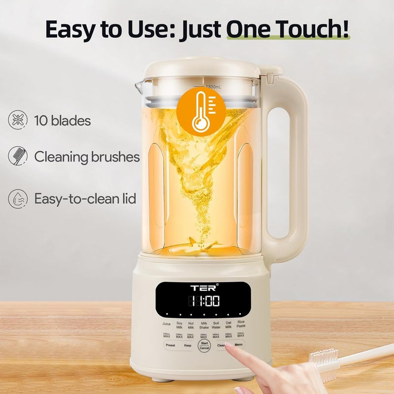 TER Nut Milk Maker Machine, 10-in-1 Soy Milk Maker for Almond/Oat/Soy Milk, Juice, Milkshake, Rice Paste, Auto Clean/24H Preset Time/12H Keep Warm, with 7 Accessories, Beige - Image 4